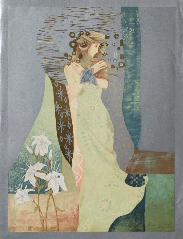 Meiring Gabriel Belgian Artist Lithograph Woman In Green Dress
