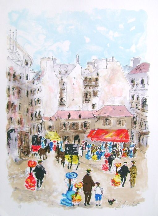 Huchet Urbain   Lithograph   Place Daint André Des Arts Paris