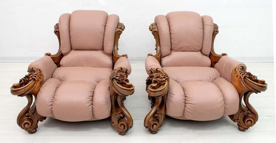 Pair Of Mid Century Modern Italian Liberty Style Leather Armchairs, 1950s