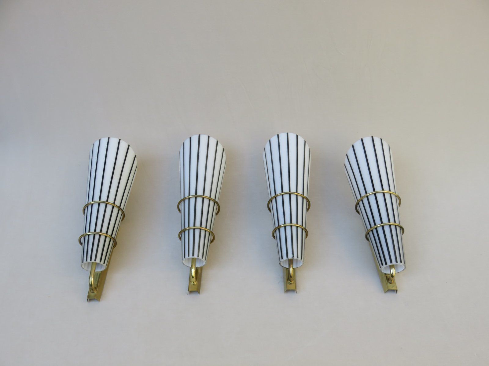 Extraordinary And Elegant Italian Black And White Striped Enamel Glass And Brass Sconces, 1950s, Set Of 4 photo Lighting