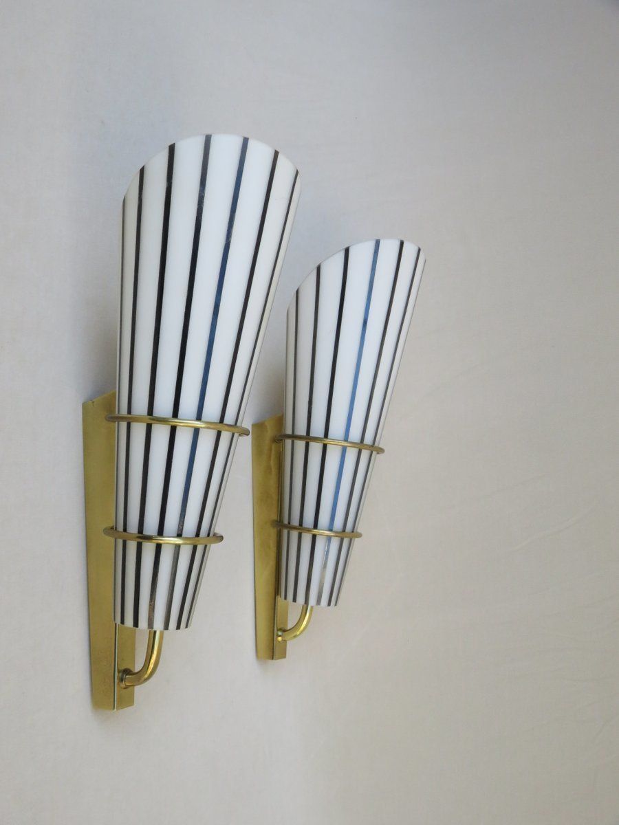 Extraordinary And Elegant Italian Black And White Striped Enamel Glass And Brass Sconces, 1950s, Set Of 4 photo 4963.15