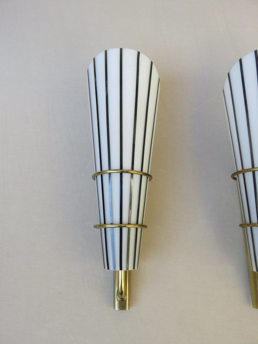 Extraordinary And Elegant Italian Black And White Striped Enamel Glass And Brass Sconces, 1950s, Set Of 4 photo vintage