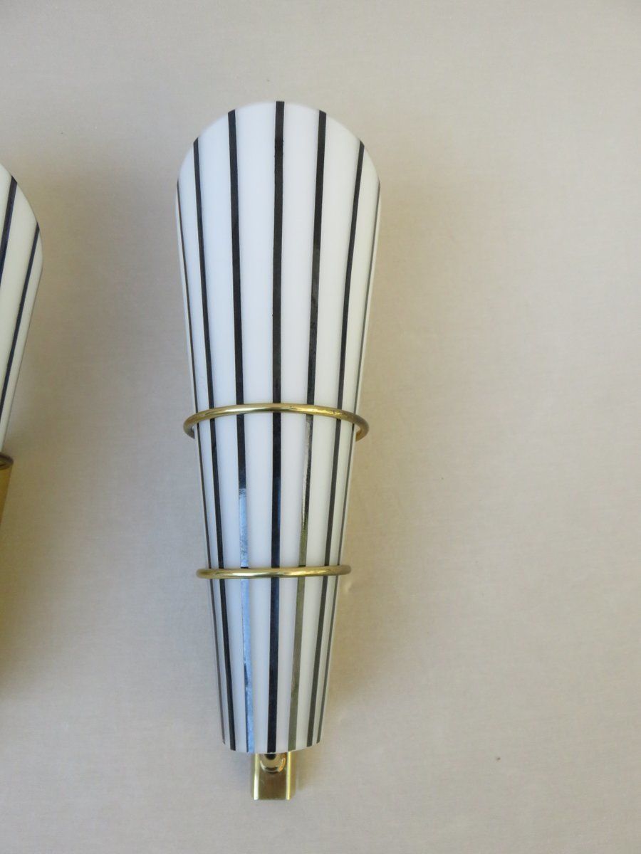 Lighting Extraordinary And Elegant Italian Black And White Striped Enamel Glass And Brass Sconces, 1950s, Set Of 4 photo