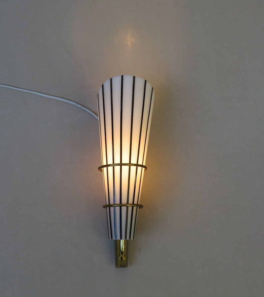 photo buy Extraordinary And Elegant Italian Black And White Striped Enamel Glass And Brass Sconces, 1950s, Set Of 4