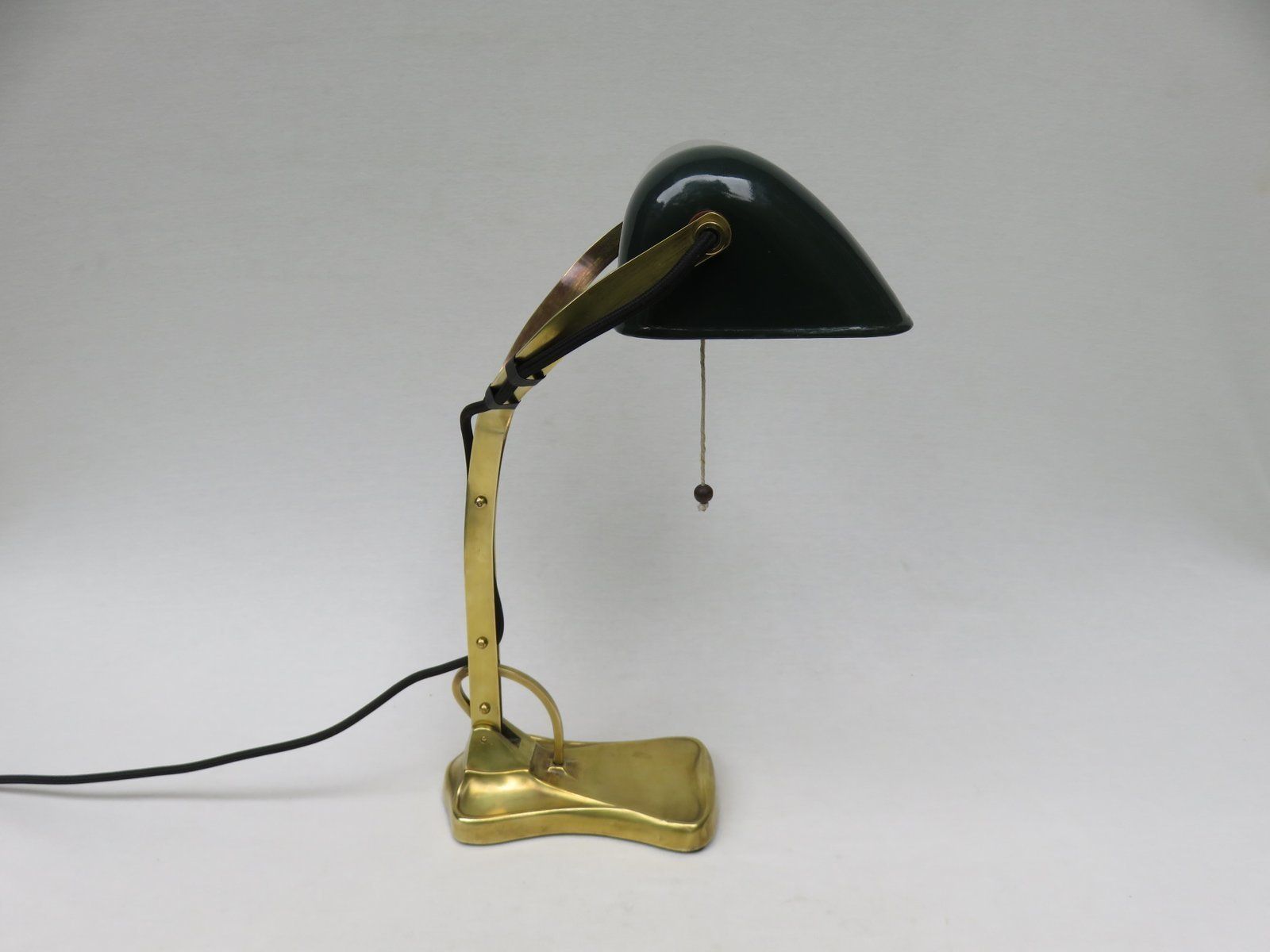 Antique Art Nouveau Enameled Brass Bankers Lamp With Dark Green Shade photo vinterior