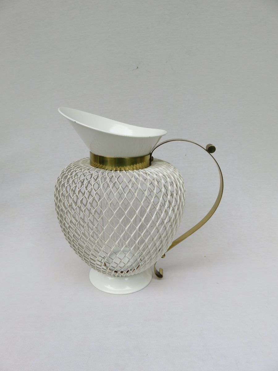 Mid Century White & Yellow Metal & Brass Umbrella Stand, Tray, & Jug, Set Of 3 photo vintage