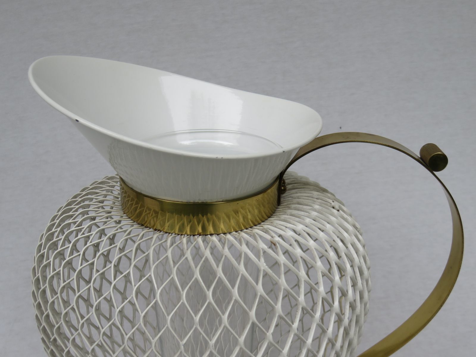 Home Decor Mid Century White & Yellow Metal & Brass Umbrella Stand, Tray, & Jug, Set Of 3 photo