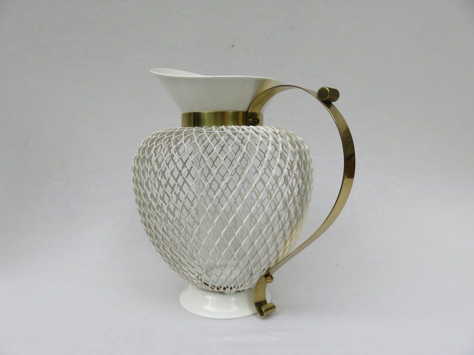 photo vinterior Mid Century White & Yellow Metal & Brass Umbrella Stand, Tray, & Jug, Set Of 3