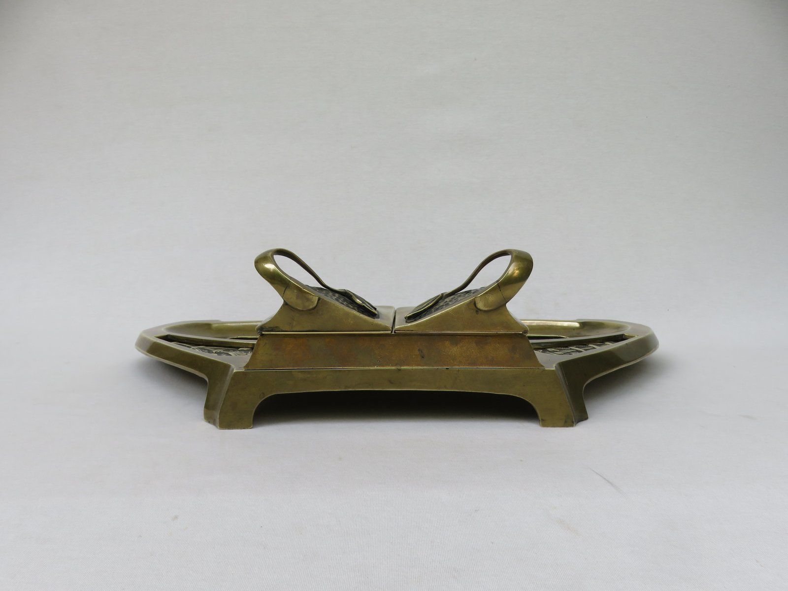 Art Nouveau Brass Ink Well With Symbols Of Economy, Trade And Technology photo vinterior