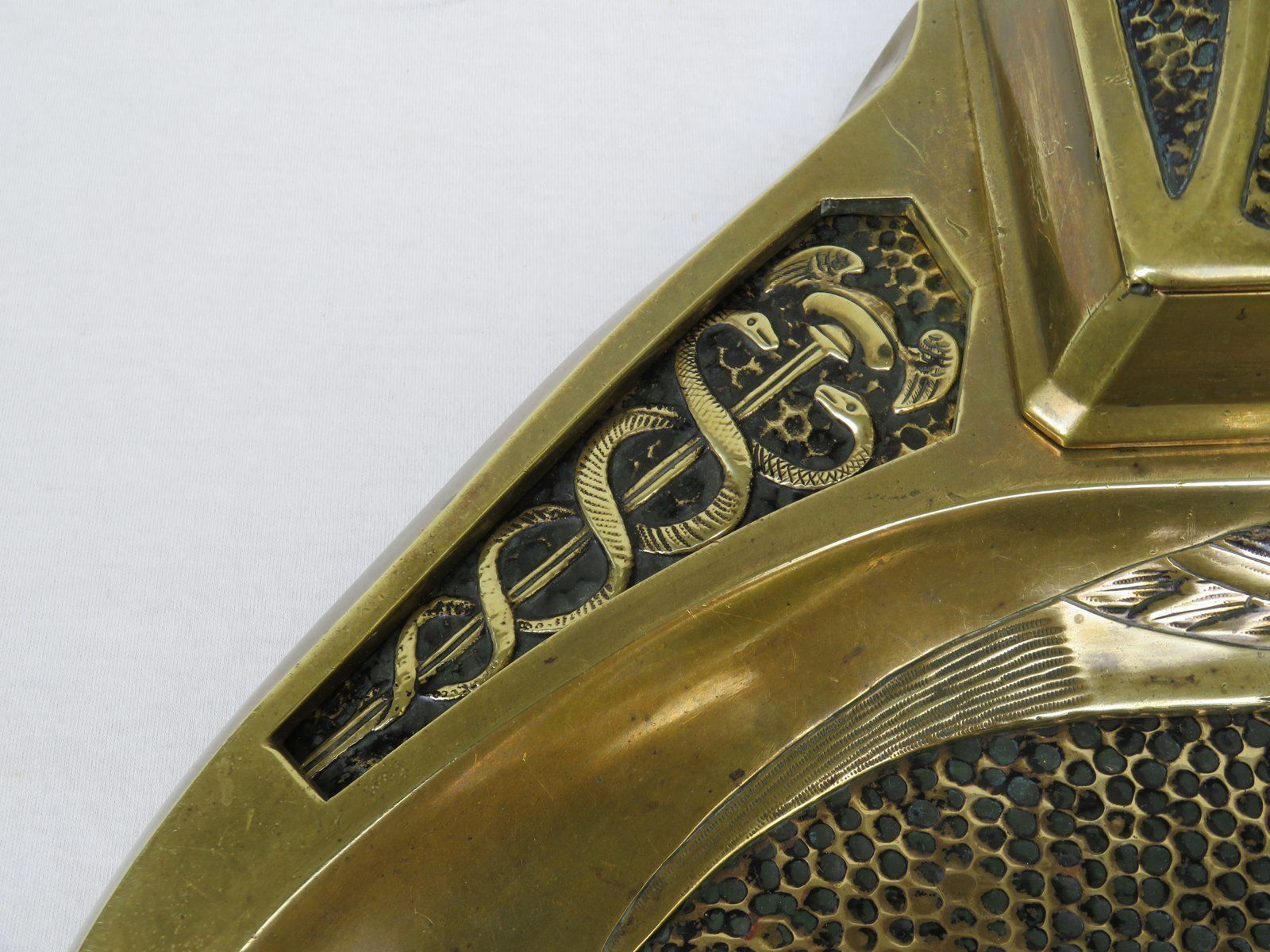 Art Nouveau Brass Ink Well With Symbols Of Economy, Trade And Technology photo vintage