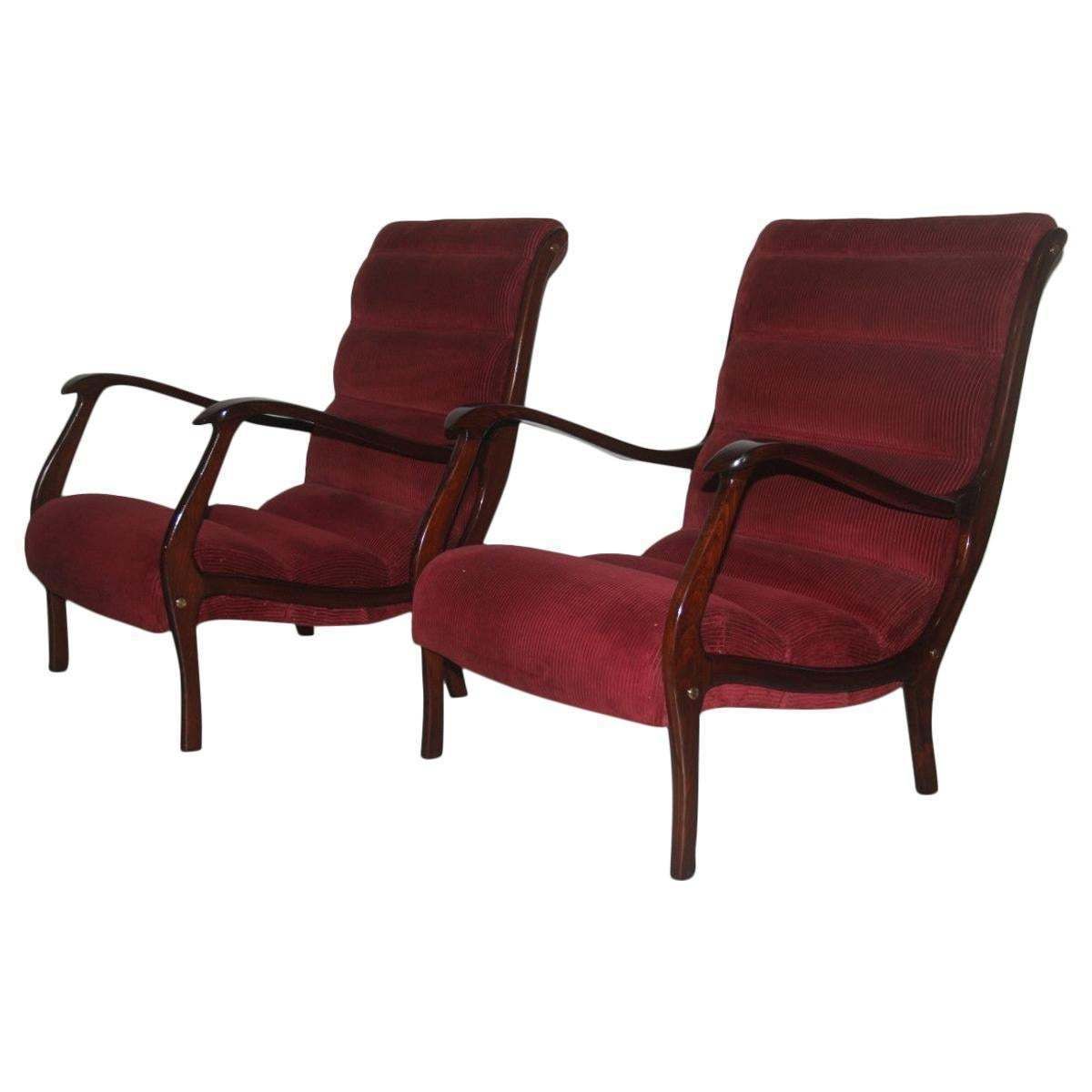 Armchairs Arredamenti Corallo 1950 Red Velvet Walnut Curved Italian Design, Pair photo furniture