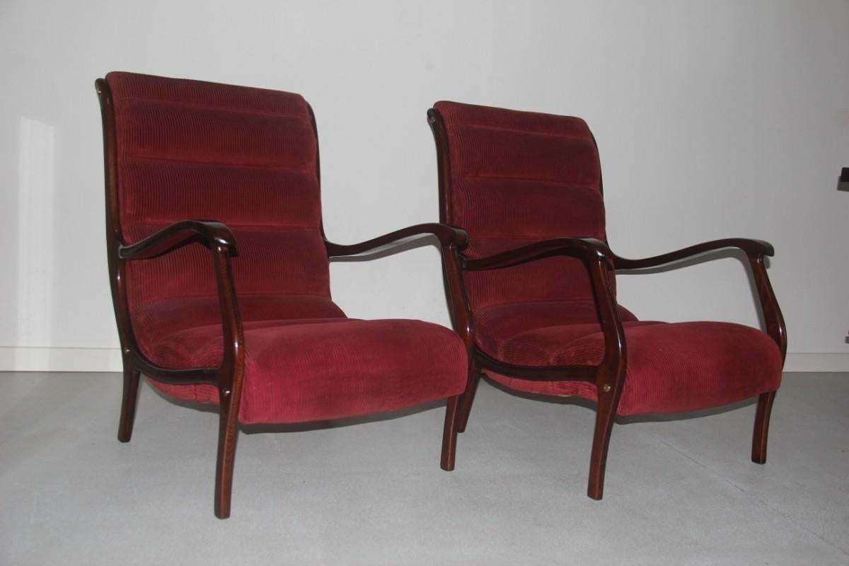 Armchairs Arredamenti Corallo 1950 Red Velvet Walnut Curved Italian Design, Pair