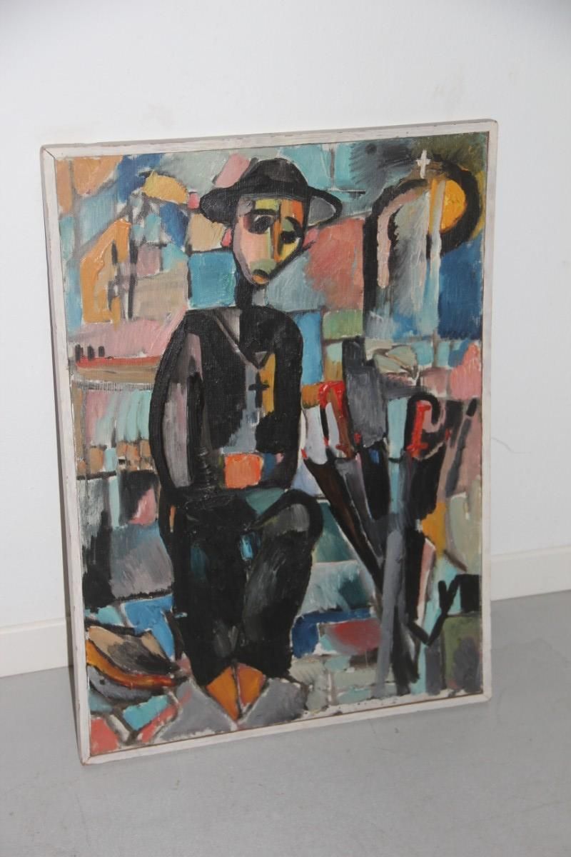photo vinterior Oil On Canvas 1969 Depicting Jewish Priest With Signature In The Back