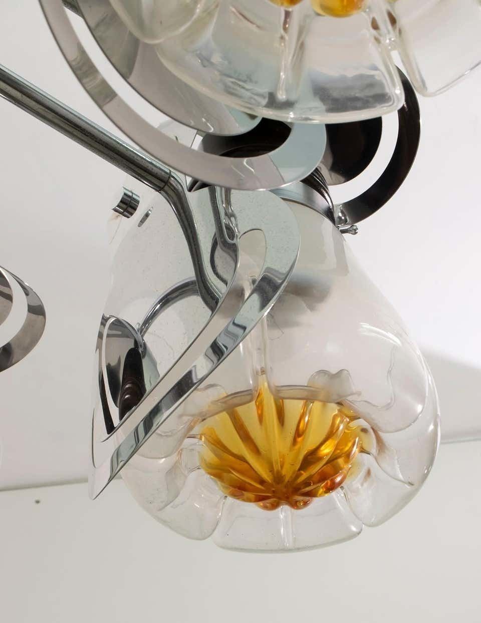 photo furniture Mazzega Mid Century Modern Italian Murano Glass And Steel Chandelier, 1970s