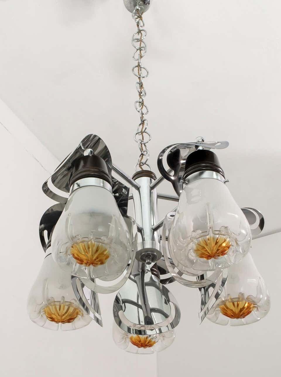 photo vinterior Mazzega Mid Century Modern Italian Murano Glass And Steel Chandelier, 1970s