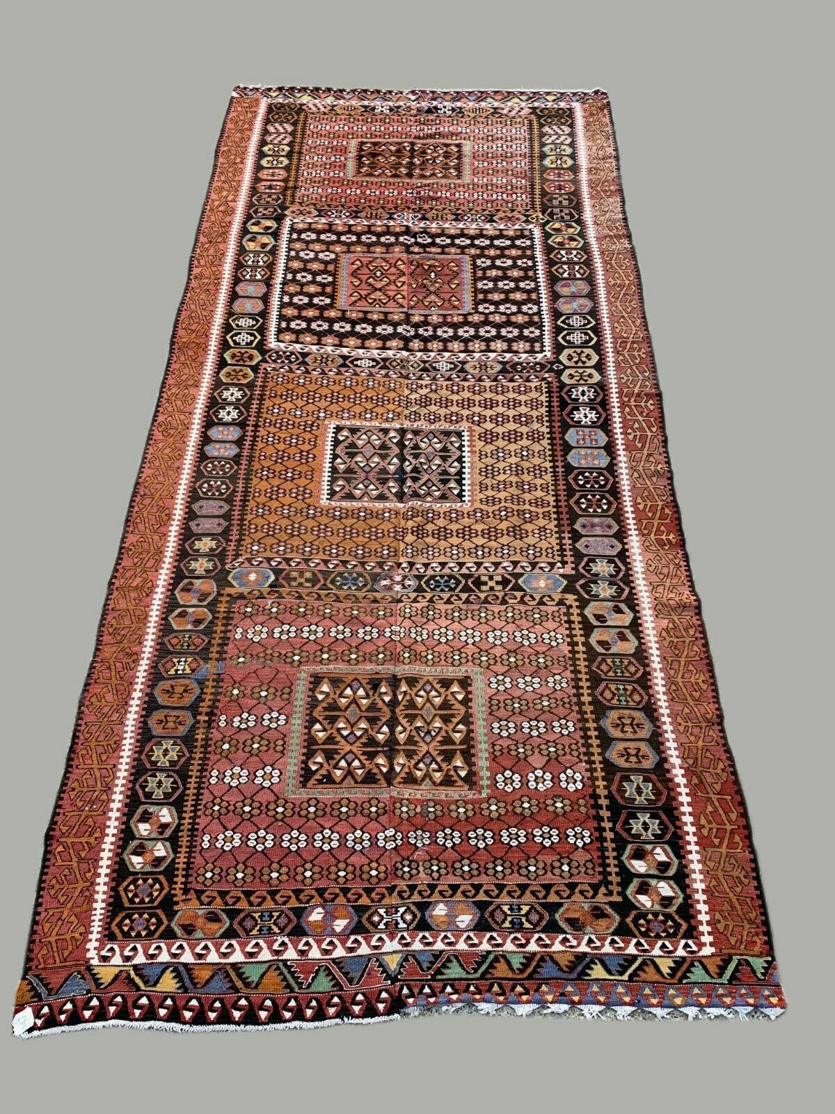 Vintage Turkish Kilim Rug 467x210 Cm Tribal Kelim Red, Green, Black, Gold Large