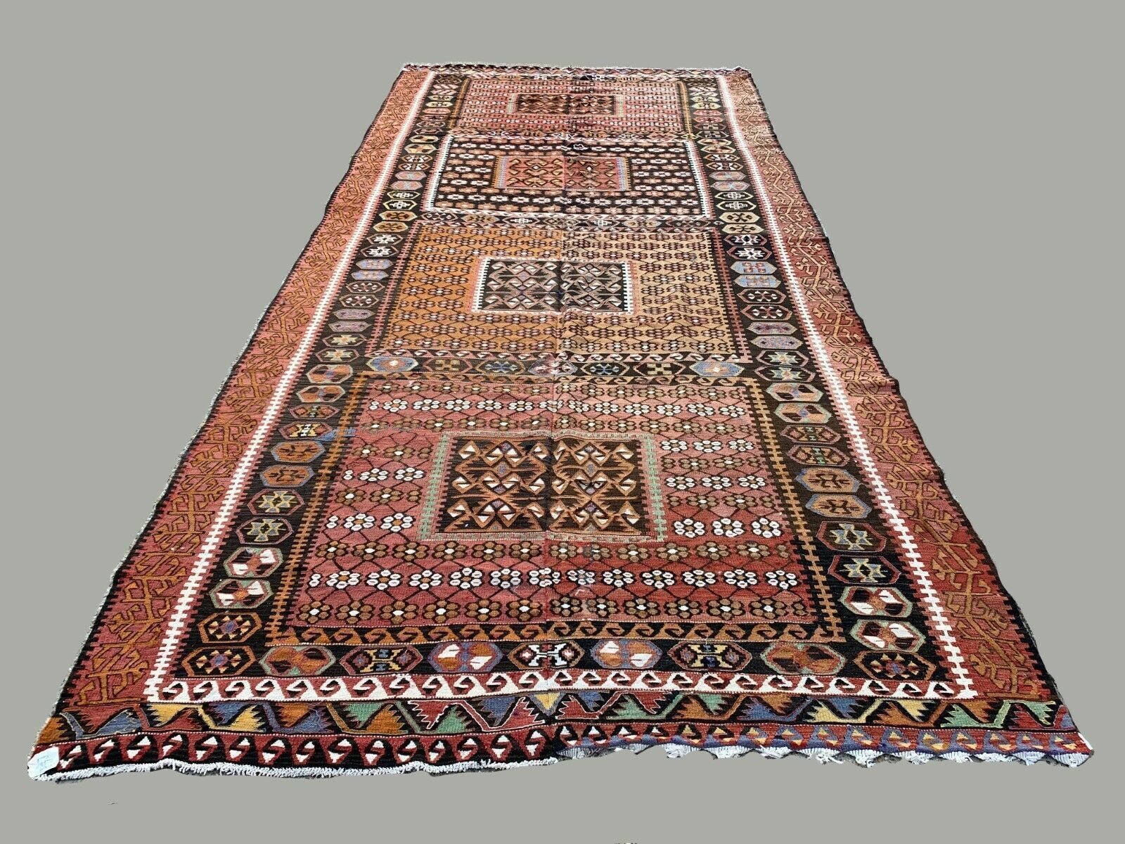 Vintage Turkish Kilim Rug 467x210 Cm Tribal Kelim Red, Green, Black, Gold Large photo for sale