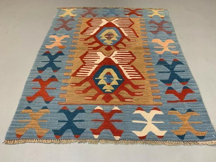 Small Vintage Turkish Kilim 107x86 Cm Wool Kelim Rug Red Blue Brown photo for sale