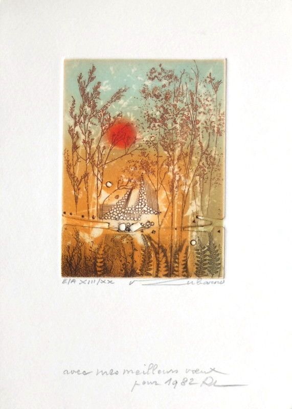 Lubarow Renée   Gravure Carte De Voeux   Composition Aux Arbres Et Soleil Rouge