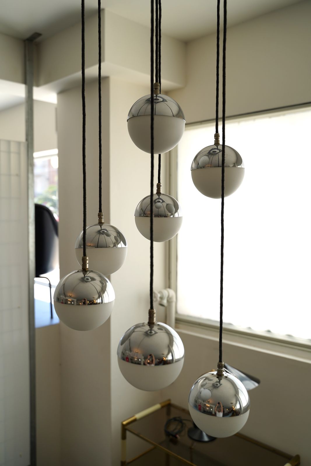 Seven Opaline Glass Spheres Italian Pendant Chandelier By Stilnovo, 1960s photo furniture