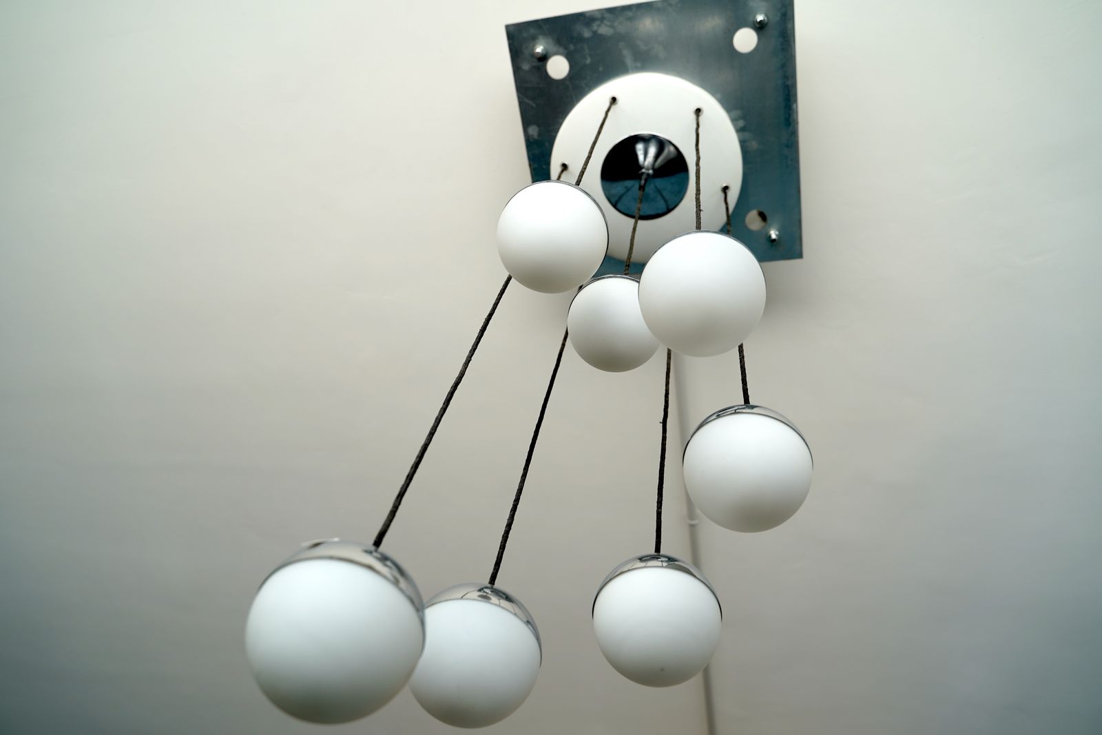 Seven Opaline Glass Spheres Italian Pendant Chandelier By Stilnovo, 1960s photo vinterior