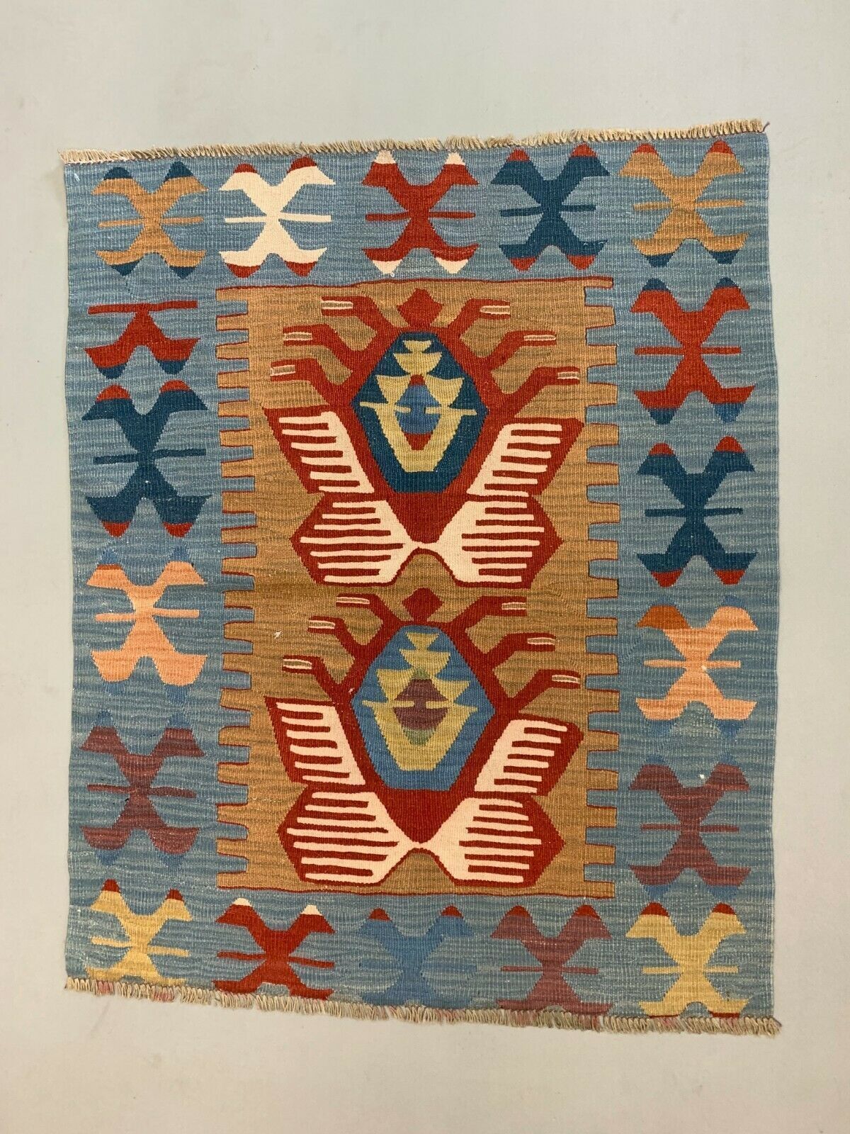 photo furniture Small Vintage Turkish Kilim 107x86 Cm Wool Kelim Rug Red Blue Brown