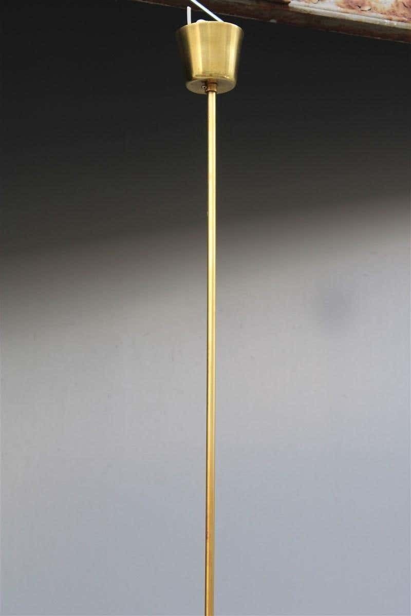 Minimal Midcentury Italian Design Chandelier Brass Gold White Glass Stilnovo photo for sale
