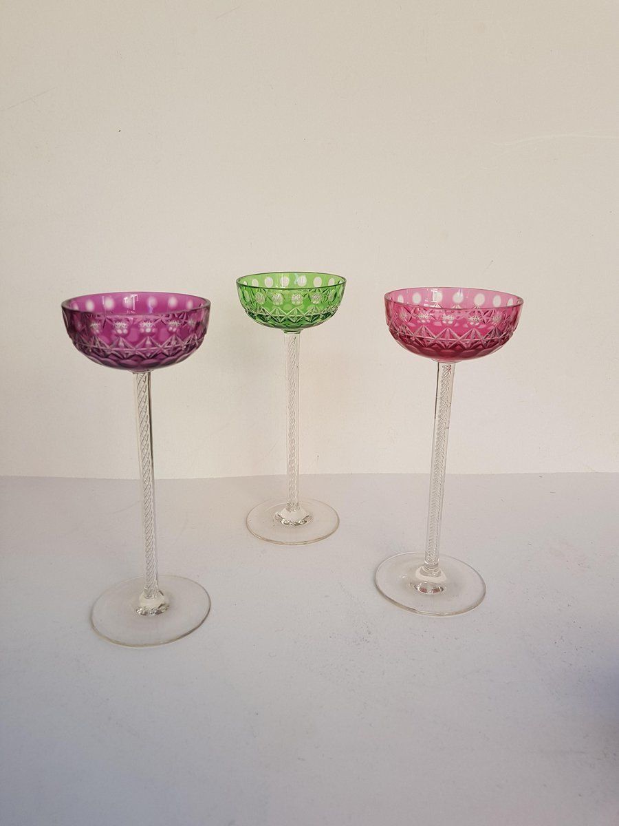 Antique Liquor Glasses With Filigree Edges From Josephinenhütte, Set Of 3