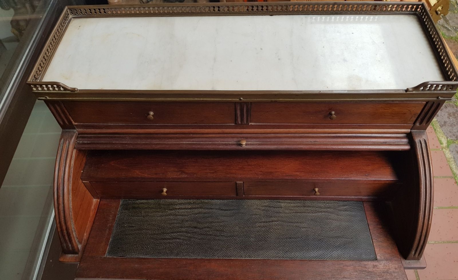 Small Antique English Brass, Mahogany, And Marble Secretaire photo for sale