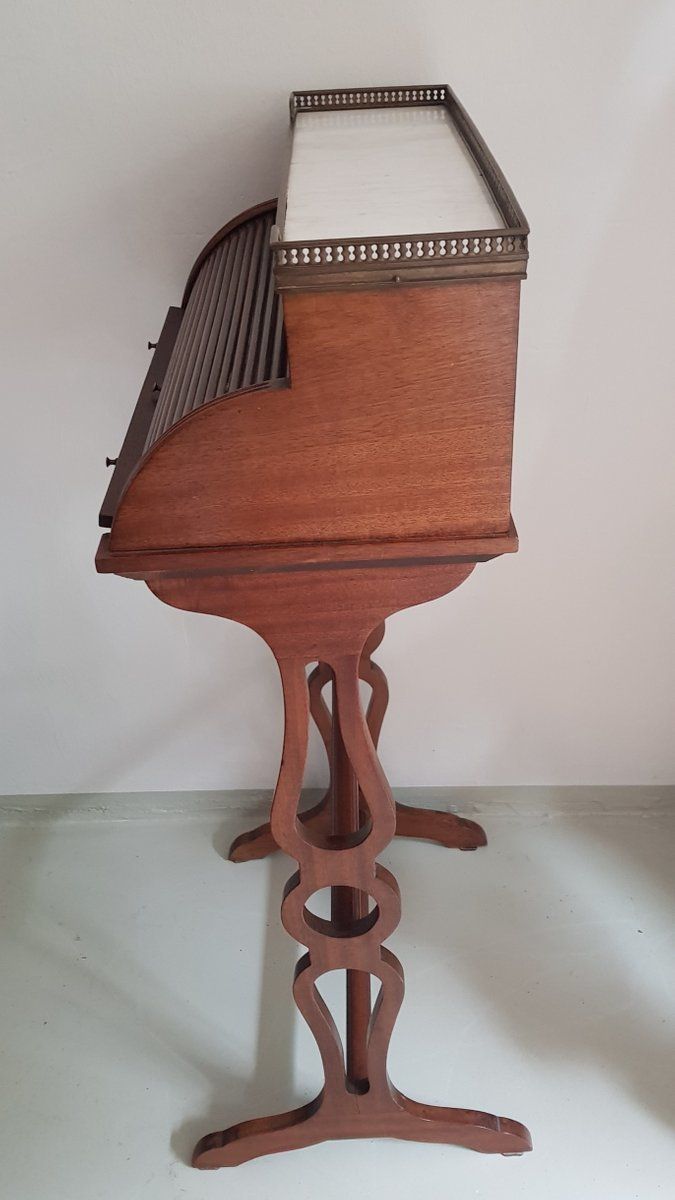 Small Antique English Brass, Mahogany, And Marble Secretaire photo vintage
