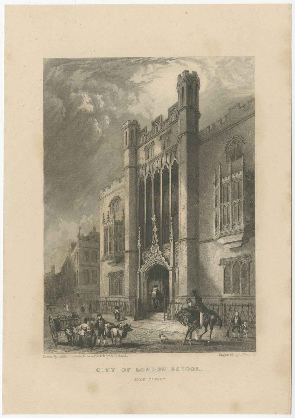 Antique Print Of The City Of London School By Woods (C.1840)