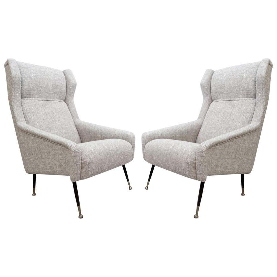 Pair Of Italian Armchairs With High Back With Ears, New Light Gray Marl Upholst