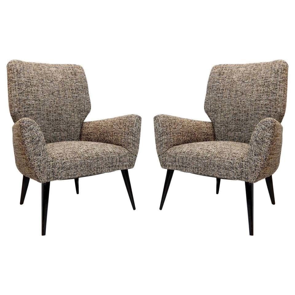 Pair Of Armchairs Black Lacquered Wood Legs, New Upholstery, Italy, 1950s