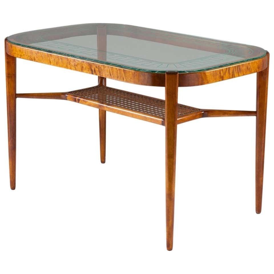 Swedish Modern Coffee Table In Birch, Glass And Rattan By Bodafors, 1940s photo furniture