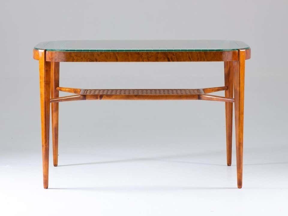 Swedish Modern Coffee Table In Birch, Glass And Rattan By Bodafors, 1940s photo Furniture