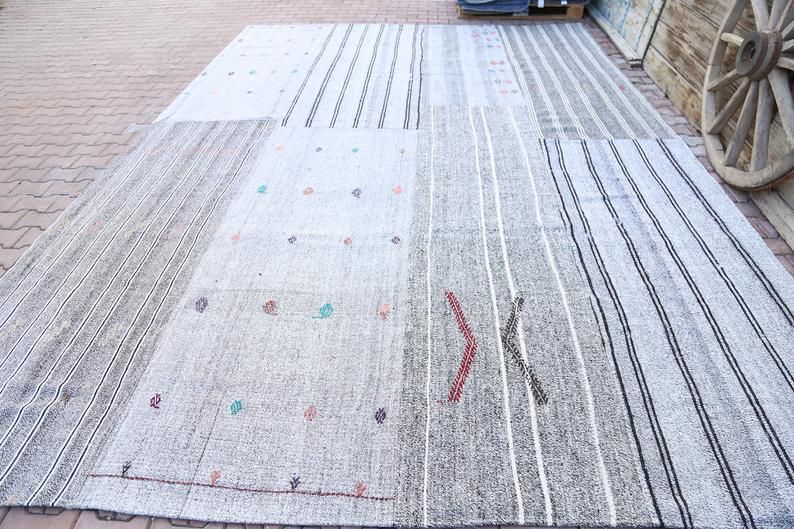 315x457 Cm Turkish Kilim, Flatweave Rug, Large Rug, Oushak Rug, Turkish Rug, Vintage Rug, Oversized Rug, White, Gray, Striped, Wool, Handwoven photo furniture