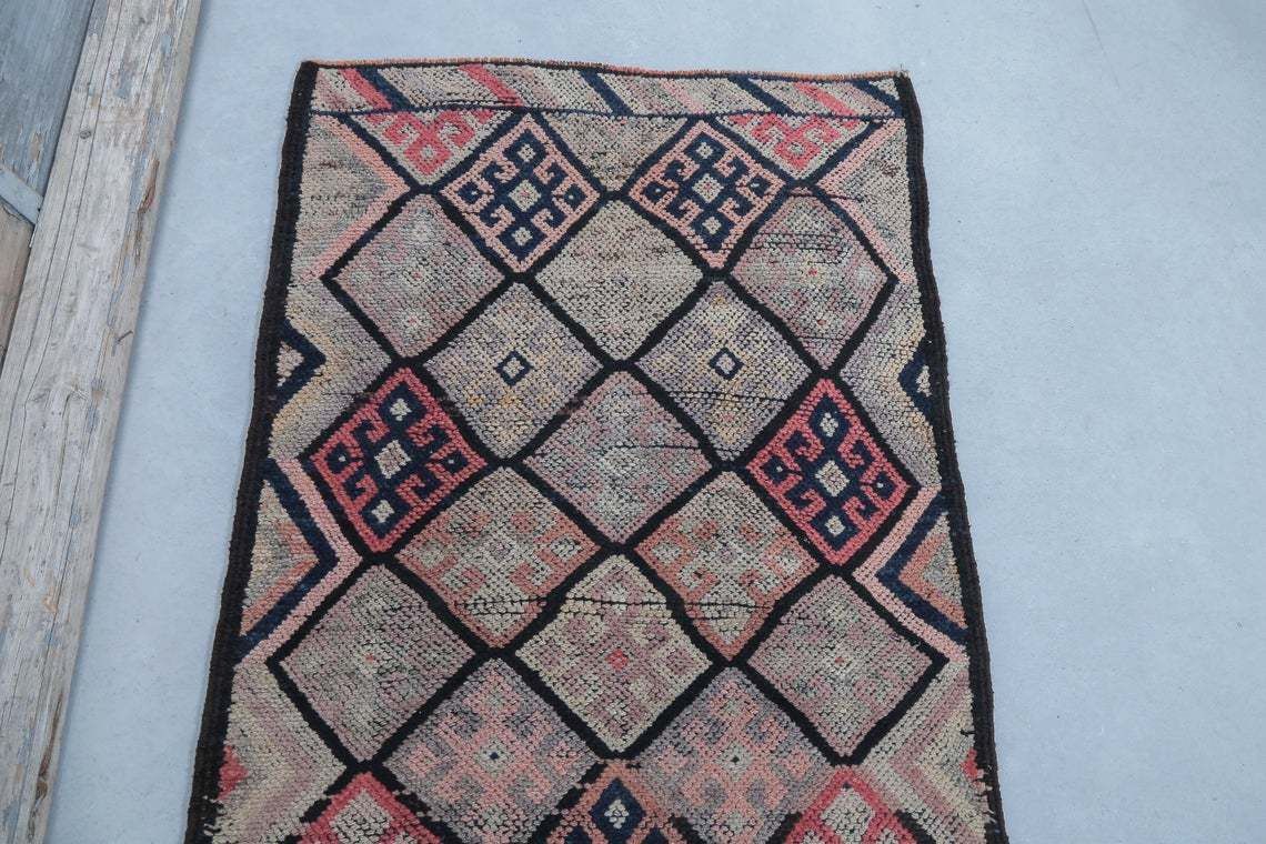 86x350 Cm Turkish Runner Rug, Pink Faded Beige, Wool Vintage Runner, Handmade, Oushak Turkish Rug, Hallway Runner, Home Decor, Diamond photo vinterior
