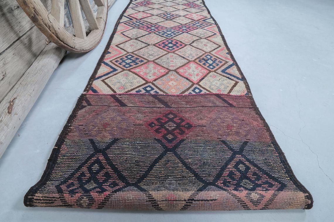 photo for sale 86x350 Cm Turkish Runner Rug, Pink Faded Beige, Wool Vintage Runner, Handmade, Oushak Turkish Rug, Hallway Runner, Home Decor, Diamond