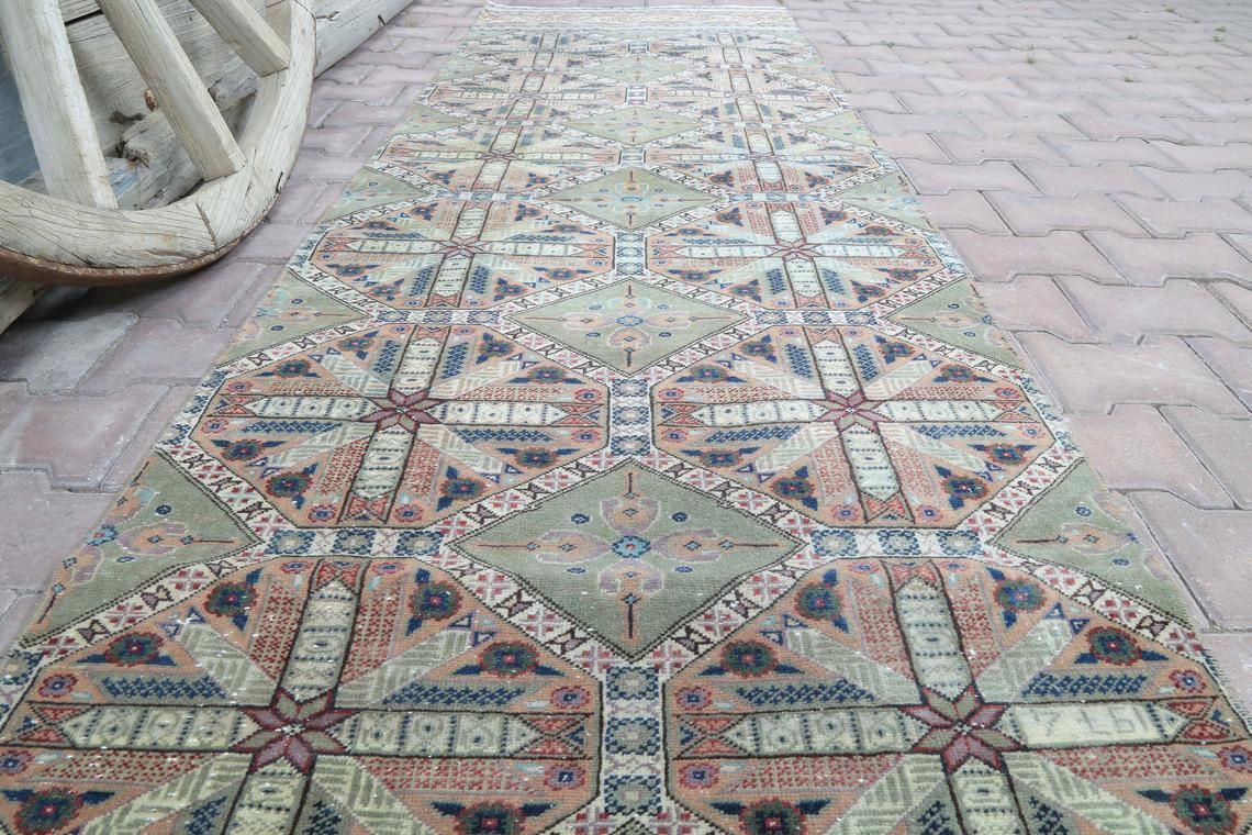 85x290 Cm Hallway Turkish Runner, Geometric, Vintage Runner, Wool, Handmade, Oushak Runner, Bohemian Runner, Long Runner, Pastel Soft photo vinterior