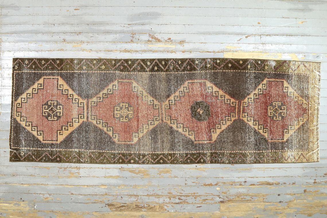 97x292 Cm Geometric Runner, Turkish Runner, Vintage Runner, Handmade Runner, Runner Rug, Red Runner, Faded, Distressed, Original Vintage, Rug photo for sale
