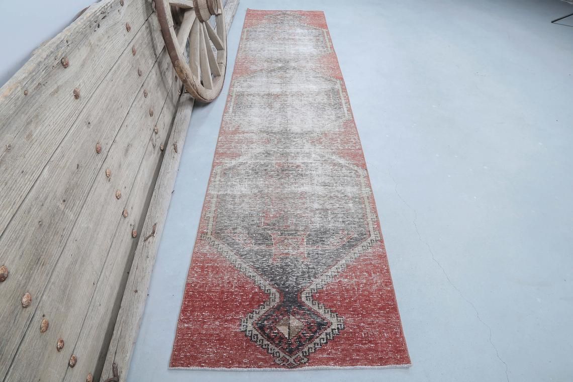 83x386 Cm Turkish Vintage Runner, Rugs Runners, Wool Rug, Bohemian, Home Decor, Turkish Rug Runner Faded Distressed Red Boho Decor Diamond
