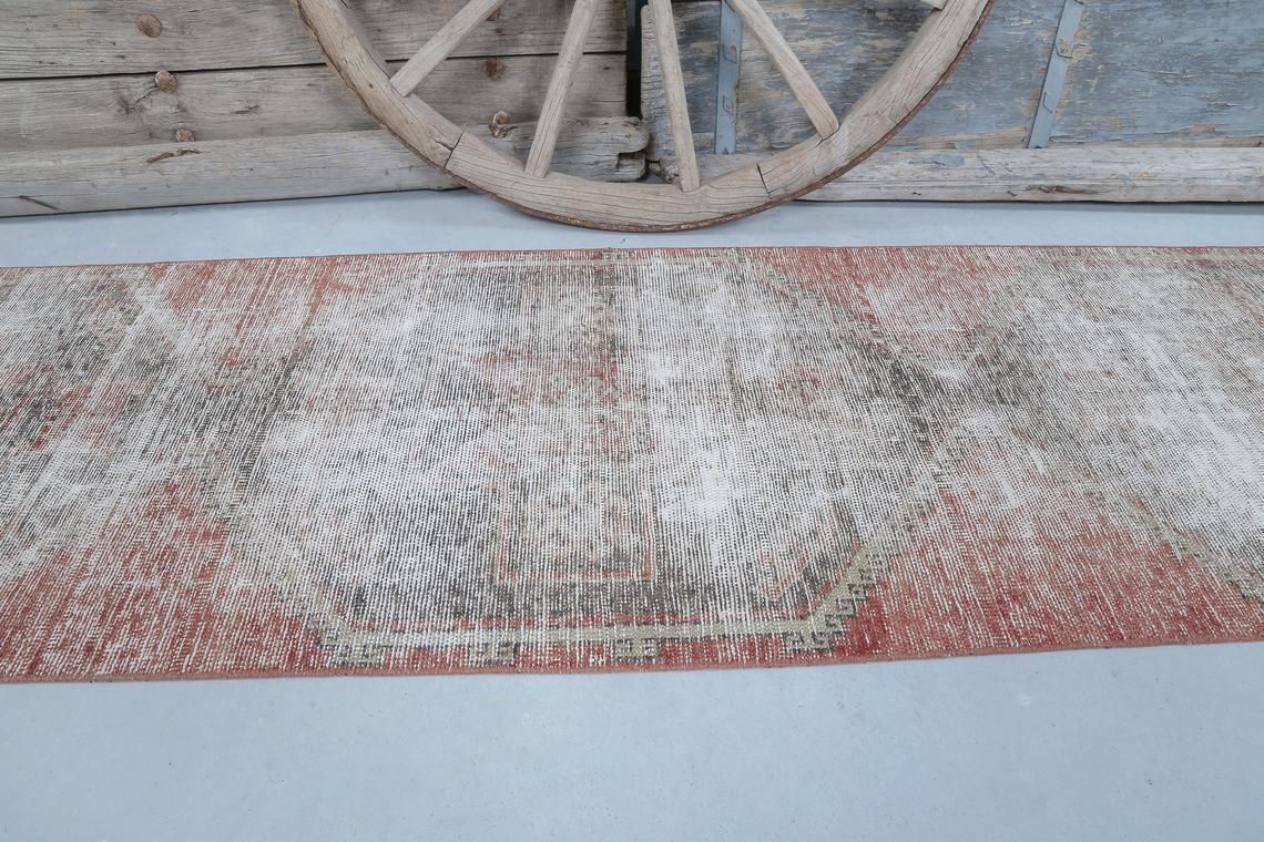 83x386 Cm Turkish Vintage Runner, Rugs Runners, Wool Rug, Bohemian, Home Decor, Turkish Rug Runner Faded Distressed Red Boho Decor Diamond photo Textiles