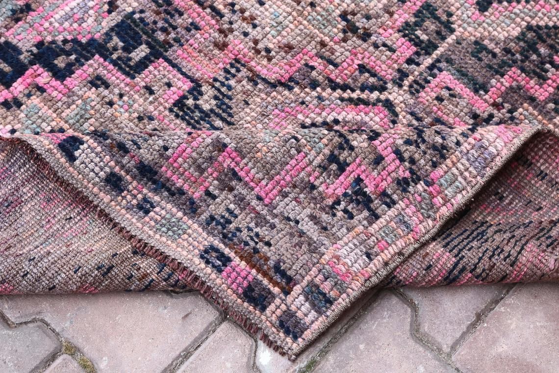 photo for sale 86x274 Cm Vintage Turkish Runner, Wool Rug Handmade, Oushak Runner, Turkish Rug, Hallway Runner, Farmhouse Decor, Rugs, Pink Faded Diamond 3x9
