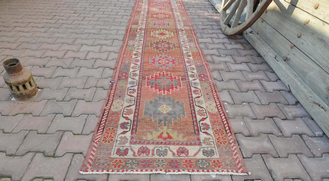 84x372 Cm Geometric Runner, Herki Runner, Vintage Runner, Turkish Runner, Oushak Runner, Handmade, Wool Runner, Bohemian Runner, Shabby Chic photo furniture