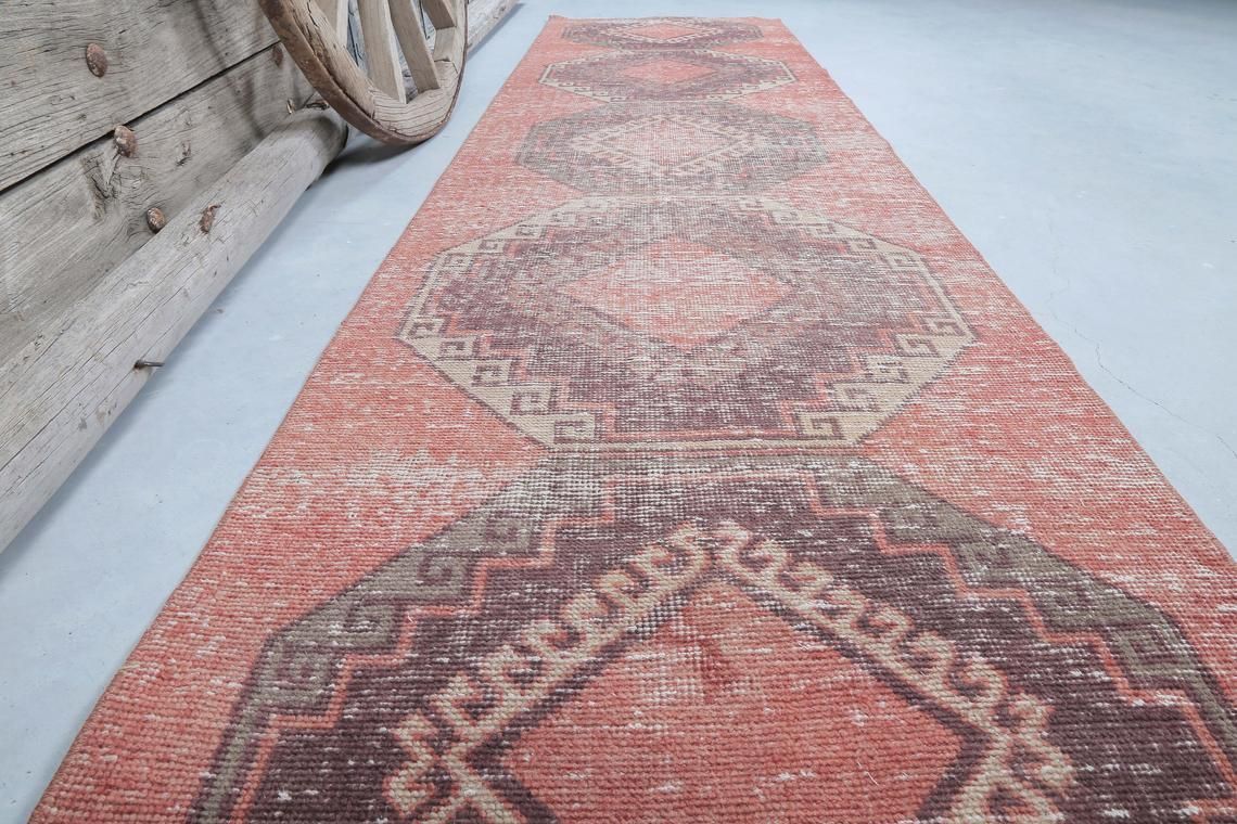93x356 Cm Turkish Oushak Vintage Runner, Wool, Handmade, Runner Rug, Turkish Rugs, Hallway Home Decor, Farmhouse Faded Art Deco Diamond photo furniture