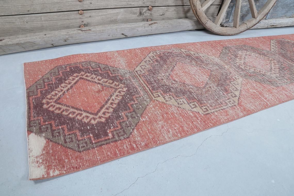 93x356 Cm Turkish Oushak Vintage Runner, Wool, Handmade, Runner Rug, Turkish Rugs, Hallway Home Decor, Farmhouse Faded Art Deco Diamond photo for sale