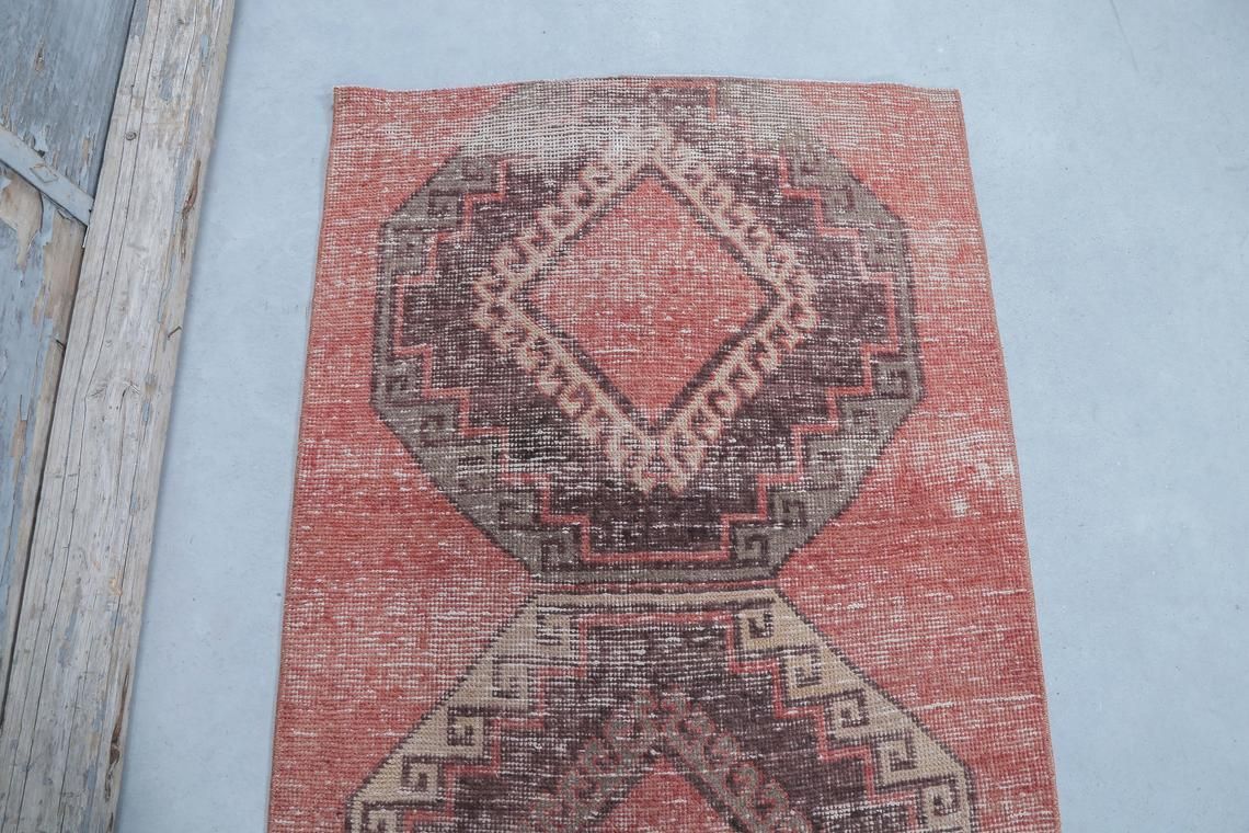 93x356 Cm Turkish Oushak Vintage Runner, Wool, Handmade, Runner Rug, Turkish Rugs, Hallway Home Decor, Farmhouse Faded Art Deco Diamond photo vinterior