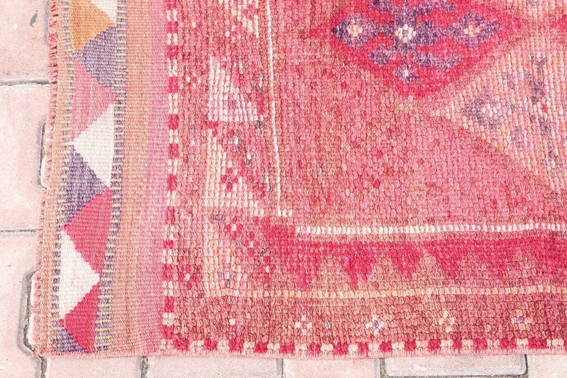 83x410 Cm Turkish Runner, Herki Vintage Long Oushak Runner, Handmade, Wool Bohemian Runner, Authentic Rug Shabby Chic Diamond Geometric photo buy