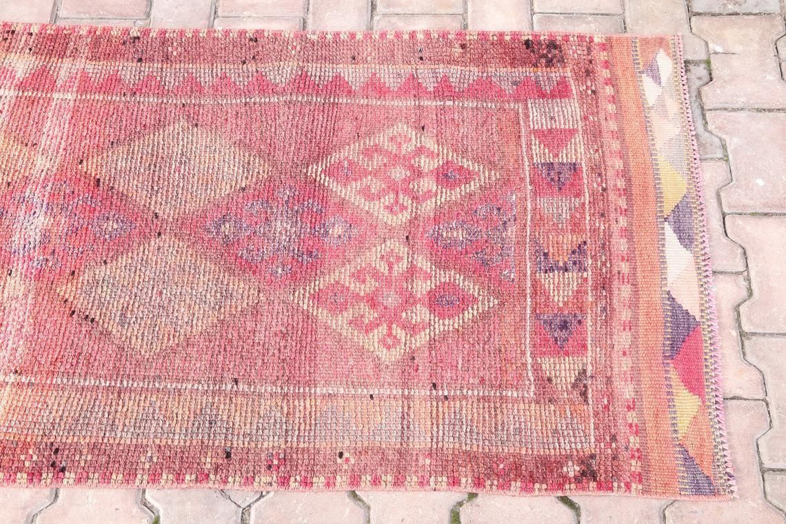 83x410 Cm Turkish Runner, Herki Vintage Long Oushak Runner, Handmade, Wool Bohemian Runner, Authentic Rug Shabby Chic Diamond Geometric photo vintage