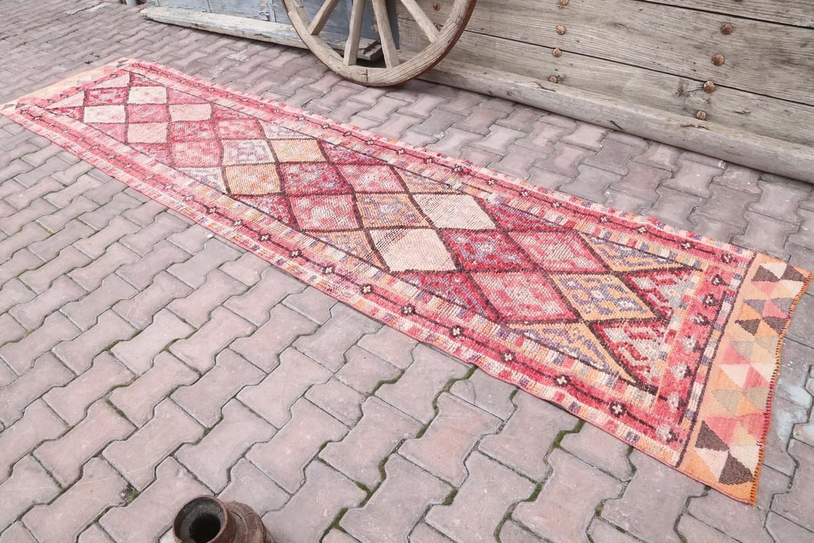 80x367 Cm Hallway Turkish Runner, Herki, Vintage Runner, Wool, Handmade, Oushak Bohemian, Long Runner, Geometric, Pink, Shabby Chic Rugs photo for sale